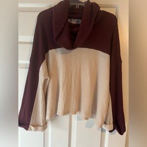 Maroon and Cream Cowl Neck waffle knit sweater